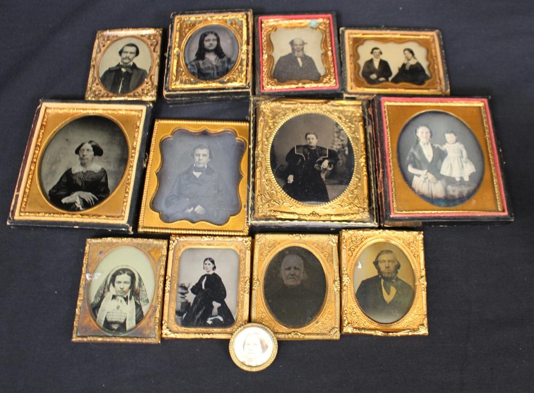 Tin Types, Ambro and Daguerreotype Photos (14): Useful lot of higher quality tin, ambro and daguerreo type photos. Most are in the original framing. A nice, even mix. Suggested bid $100