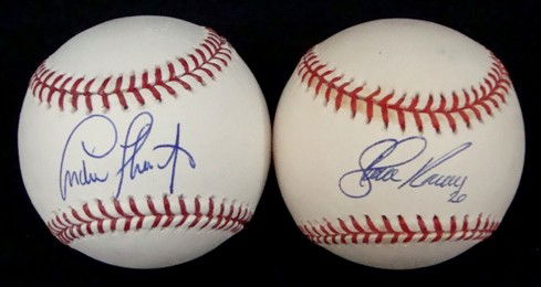 Steve Karsay, Andre Thornton Signed Baseballs, JSA: Official ML Bud Selig Baseball signed by Thornton on the sweet spot in blue ink; OAL Gene Budig Baseball signed on the sweet spot by Karsay in blue ink; inscribed with '20' under signature; good pair