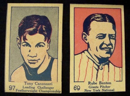 1928 W513 Benton #69 Canzoneri #97 Cards: Lot of (2) 1928 W513 strip cards; EXMT condition; includes Rube Benton #69, blank-backed; Boxer Tony Canzoneri #97, blank-backed; both great cards.