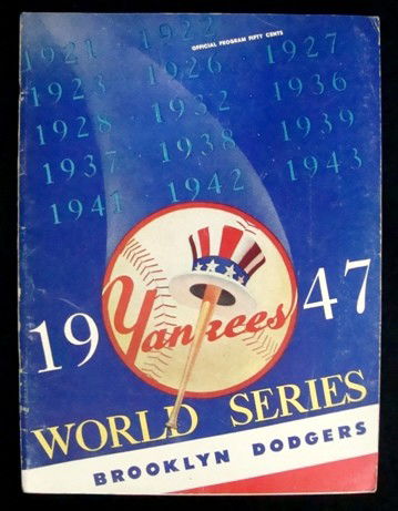 1947 World Series Program Yankees Dodgers: 1947 World Series Program; New York Yankees vs. Brooklyn Dodgers at Yankee Stadium; VG-EX condition; cover is good, but slightly faded; program is scored and centerfold is loose; some minimal writing
