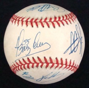 Official AL Autographed Baseball, 4 Signatures, JS: Official American League Gene Budig Baseball signed by (4) players; includes Cliff Lee, CC Sabathia, Danny Baez and Brian Tullet; signed in blue ink with Baez on the sweet spot; good group of signatur