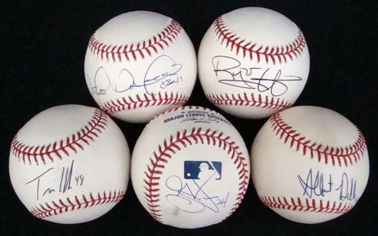 Lot of (5) Autographed Baseballs, Indians, JSA: Lot of (5) Autographed Baseballs signed by various former Cleveland Indians; includes OAL Bobby Brown Baseball signed by Albert Belle on the sweet spot in blue ink; Official ML Bud Selig Baseball sign