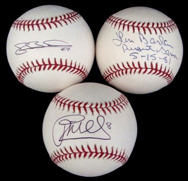 Lot of (3) Signed Baseballs, Len Barker Perfect Gam: Lot of (3) Autographed Baseballs; includes Official ML Bud Selig Baseball signed by Len Barker on the sweet spot in blue ink; inscribed with 'perfect game 5--15-81'; also includes Official ML Bud Seli
