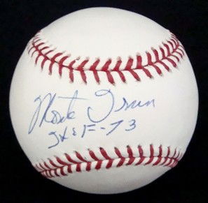 Monte Irvin Autographed Baseball, JSA: Official ML Bud Selig Baseball signed by Irvin on the sweet spot in blue ink; inscribed with HOF - 73; good signature; comes with a COA from James Spence Authentication.