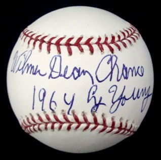 Wilmer Dean Chance Autographed Baseball, COA: Official ML Bud Selig baseball signed by Wilmer Dean Chance on the sweet spot in blue ink; inscribed with 1964 Cy Young; great signature by one of baseball's great players; comes with a COA from Trace