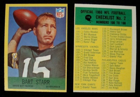 1967 Philadelphia Gum Bart Starr #82 Checklist #19: Lot of (2) 1967 Philadelphia Gum Football Cards; includes Bart Starr #82 in EX condition, off center; unscratched back; also includes Checklist #198 in EX condition, off center; unmarked; both great c