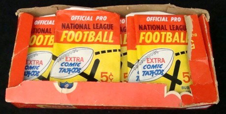 1966 Philadelphia Gum NFL Wax Box w. Opened Wax Pa: Lot of (17) opened wax packs of 1966 Philadelphia Gum Football Cards in original wax box; cards are NRMT-MINT condition; includes stars Gayle Sayers Rookie #38, Bart Starr and others; packs were opene