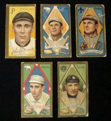 1911 T-205 Gold Border Piedmont Cigarette Cards: Lot of (5) 1911 T-205 Gold Border Piedmont Cigarette Cards; fair to good condition; includes #192 John Titus (VG, slight surface damage on back), #143 Danny Murphy (good), #183 George Stone (fair +), 