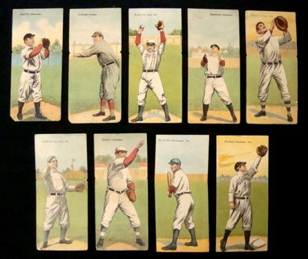 1911 T-201 Mecca Double Folders Lot (9): Lot of (9) 1911 T-205 Mecca Cigarette Double Folders Cards; feature one player when the card is open and another when the card is folded; fair to VG condition; includes #4 James Barrett,Grant McGlynn