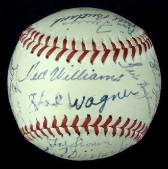 1942 Boston Red Sox Team Signed Baseball: 1942 Boston Red Sox Team Signed Baseball; Official Spaulding Texas League Baseball signed by the 1942 team; signatures include Hal Wagner, Ted Williams (Club House Signature) on the sweet spot; Dom Di