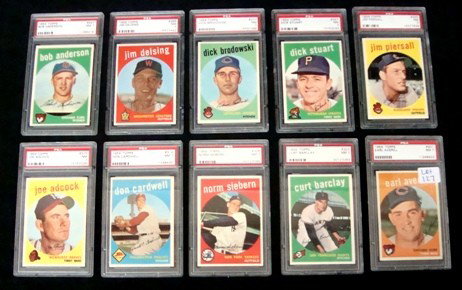 1959 Topps Baseball Card Lot, PSA 7: Lot of (10) 1959 Topps Baseball Cards; all graded PSA 7; includes #301 Earl Averill, #307 Curt Barclay, #308 Norm Siebern, #314 Don Cardwell, #315 Joe Adcock, #355 Jim Piersall, #357 Dick Stuart, #371