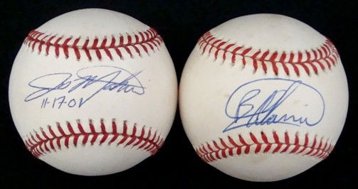 Bartola Colon JD Martin Autographed Baseball: OAL Bud Selig Baseball signed by Colon on the sweet spot in blue ink; Official ML Bud Selig Baseball signed by Martin on the sweet spot in blue ink; inscribed with 11-17-01; lot comes with COA's from
