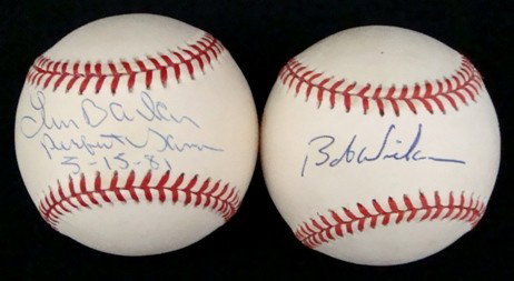 Len Barker Perfect Game, Bob Wickman Signed Balls,: OAL Gene Budig Baseball signed by Barker on the sweet spot in blue ink; inscribed with 'perfect game 5-15-81'; Official 1996 AL Division Series Gene Budig Baseball signed by Wickman on the sweet spot 
