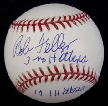 Bob Feller Autographed Stat Baseball, COA: Official ML Bud Selig Baseball signed by Feller on the sweet spot in blue ink; inscribed on the sweet spot with '3 no hitters'; inscribed on the heel with '121 hitters'; comes with a COA from Fusco Au