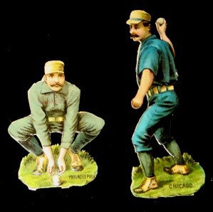 Pair Raphael Tuck Baseball Player Die-Cuts 1888: Pair of Raphael Tuck & Sons Baseball Player Die-Cuts circa 1888; MINT condition; includes Philadelphia catcher and Chicago pitcher; scraps measures approx 1-2" in height; these two die-cuts are (2) in
