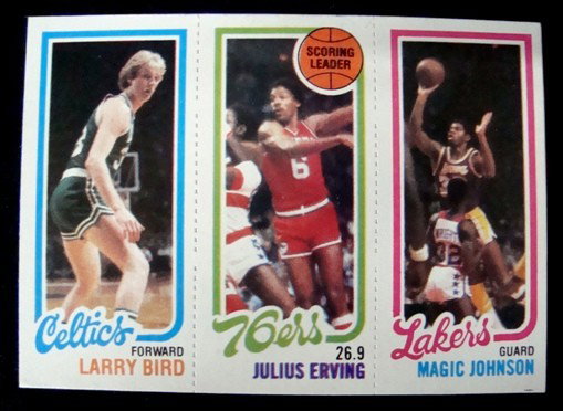 1980 Topps Basketball Byrd, Erving, Johnson Rooki: 1980 Topps Larry Byrd #34, "Scoring Leaders" Julius Erving #174, Magic Johnson #139 Rookie Card; NM condition; about 55/45 centering from left to right; top and bottom almost 50/50; strong colors and