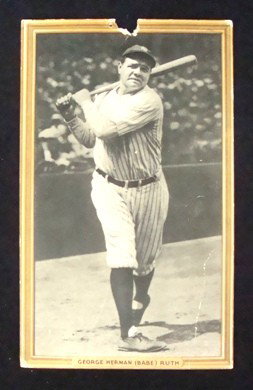 1934 Goudey Premium Babe Ruth R309-4: 1934 Goudey Premium George Herman (Babe) Ruth R309-4; poor condition; chip missing out of the top of the card; card measures 5-1/2" x 8-13/16" accented with gold, picture frame border; easel on back; 