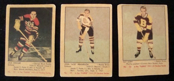 1951-52 Parkhurst Hockey Card Lot, VG-EX: Lot of (3) 1951-52 Parkhurst Hockey Cards; overall condition of each card is VG-EX; includes Boston Bruins #23 John "Moe" Henderson, #32 Ray Barry, Chicago Blackhawks #53 Jack Stewart; outstanding gro