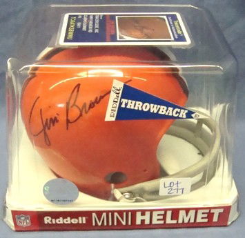 Jim Brown Autographed Riddell Throwback Mini Helme: Jim Brown Autographed Riddell Throwback Browns Mini Helmet; signed in black sharpie; comes with a Tracercode COA.