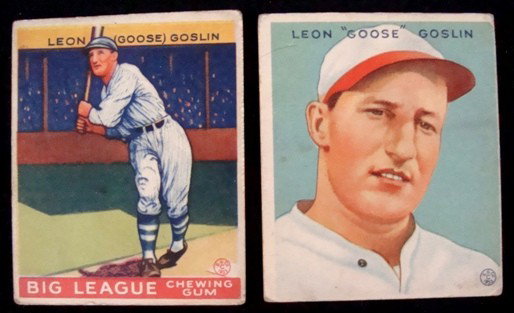1933 Goudey Leon Goslin #110, 168: Lot of (2) 1933 Goudey Baseball Cards; includes #110 Leon "Goose" Goslin Portrait good condition; also includes #168 (name on one line) Leon "Goose" Goslin; good condition; ready for grading.