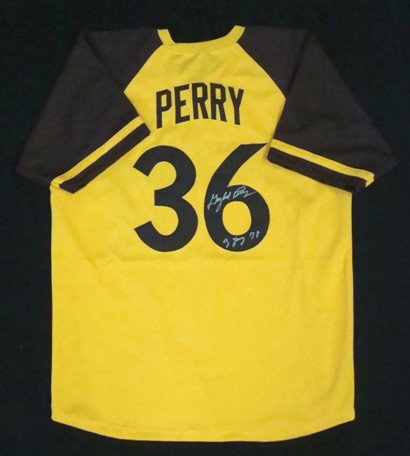 Gaylord Perry Signed Padres Jersey, COA: Gaylord Perry Autographed San Diego Padres Jersey; nice yellow and brown jersey signed by Perry on the '6' in '36' on the back; signed in silver sharpie with Cy Young 78 inscription; good signature; s