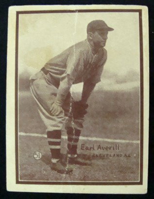 1931 W517 #51 Earl Averill Strip Card: 1931 W517 #51 Earl Averill Card; fair condition; crease down center and small stain on front; sepia-toned; ready for grading.