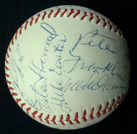 Elston Howard Old Timers Autographed Baseball, JSA: Mickey Mantle Official League Autographed Baseball; 22 signatures including Elston Howard, Bob Lemon, Sparky Lyle, Woodie Held, Bill White, Lee Stange, Rich Rollins, Duke Sims, Chico Salmon, Luke East