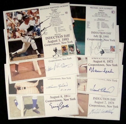 Lot of (7) Signed HOF Induction Panels, 500 HR, JS: Lot of (7) Signed Hall of Fame Induction Panels; all 500 HR clubbers; includes signatures from Frank Robinson, Warren Spahn, Mike Schmidt, Eddie Mathews, Willie McCovey, Reggie Jackson with "Mr. Octob