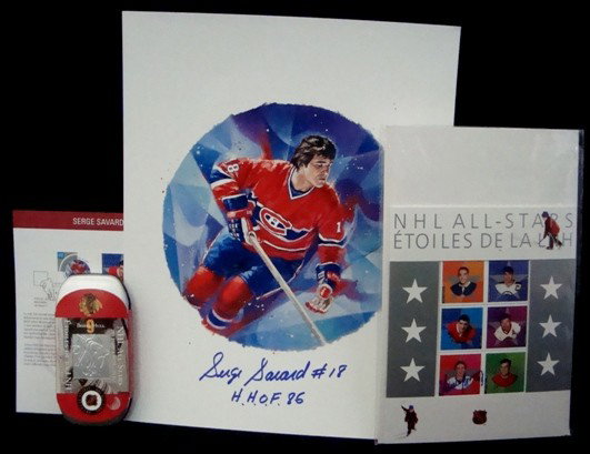 Lot of (3) Hockey HOFer Signed Items, COA: Lot of (3) Hockey HOFer Signed Items; lot includes Serge Savard limited edition Charles Vinh Art Print; Mike Bossy Signed Hockey Stamp Mint Sheet; Bobby Hull commemorative stamp and silver coin set in