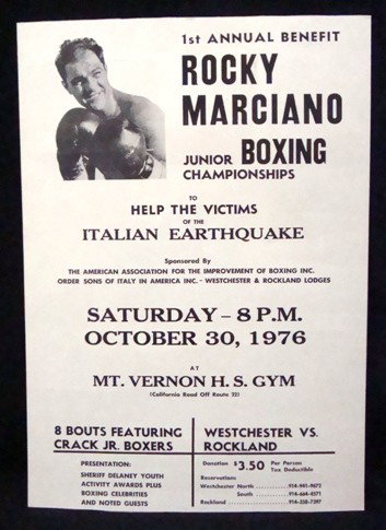 1976 Rocky Marciano Boxing Advertising Poster: Original 1976 Rocky Marciano Boxing Advertising Poster; measures approx 14x20, black and white poster commemorating the 1st Annual Rocky Marciano Junior Boxing Champions Benefit; purpose was to help t