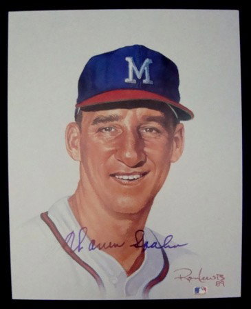 Living Legends Warren Spahn Signed Print, JSA: Ron Lewis Living Legends Warren Spahn Autographed Print; signed by Spahn in blue sharpie; good signature; comes with a COA from JSA.
