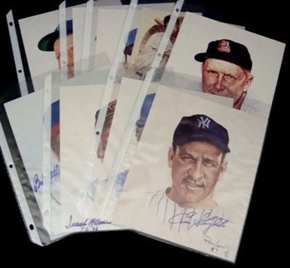 Lot of (6) Living Legends Signed Prints, JSA: Lot of (6) Ron Lewis Living Legends Signed Prints; (7) star signatures including Whitey Ford, Mickey Mantle, Don Drysdale, Red Schoendienst; Bob Feller, Frank Robinson, Tom Seaver and Enos Slaughter;