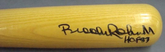 Brooks Robinson Autographed Rawlings Bat, JSA: Brooks Robinson Autographed Rawlings Adirondack Baseball Bat; natural colored bat signed by Robinson on the barrel with HOF 83 inscription; comes with a COA from JSA.
