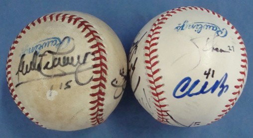 Lot of (2) Indians Signed Team Balls, JSA: Lot of (2) Indians Player Signed Baseballs; includes OAL Gene Budig Ball signed by (10) different players; includes signatures from Charles Nagy, Sandy Alomar, Richie Sexson, David Burba and others; a