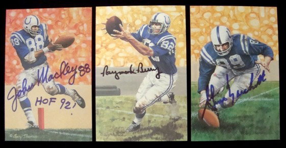 Lot of (3) Signed Goal Line Art Cards, Colts, JSA: Lot of (3) Autographed Baltimore Colts Goal Line Art Cards; includes John Mackey, Raymond Berry and Gino Marchetti; lot comes with a COA from JSA.