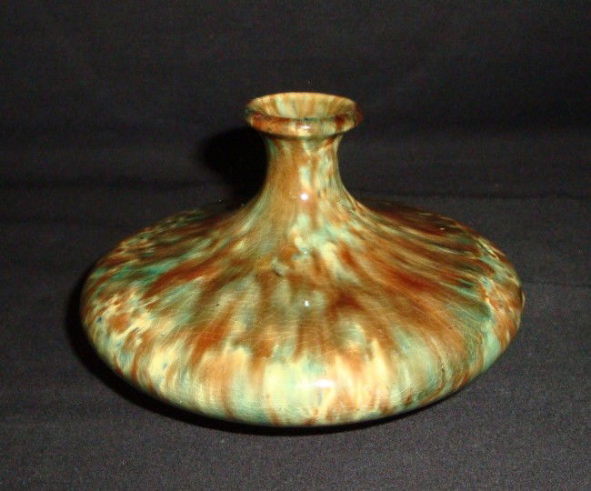 Roseville Blended 3" Vase: Small blended or mottled Roseville 3" bud vase. Very light overal crazing.