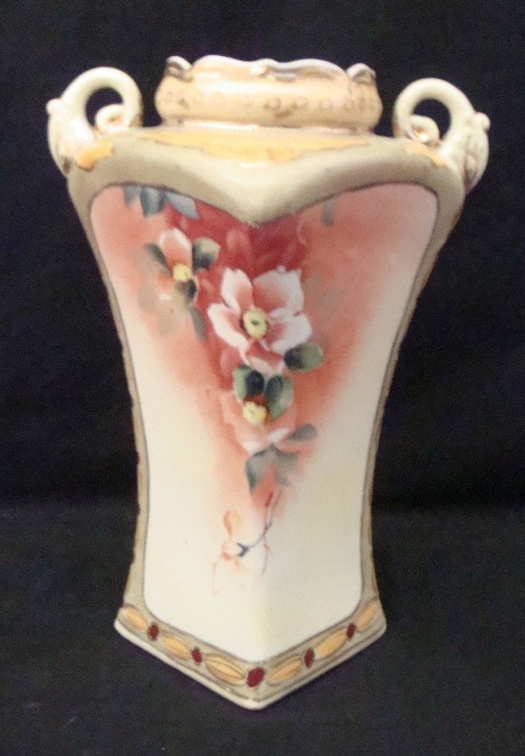Tall Hand Painted Nippon Vase: Very nice 11.5" tall Nippon handpainted vase. Two different overall designs from side to side.