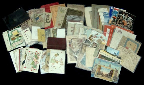 Large Lot of Paper Ephemera,, Postcards: Large Lot of Paper Ephemera; includes Military pieces (ration books, USO letters); old school rewards and postcards; autographed pieces (restaurant menus, hospital residents, 1953 Carlings Open Golf T