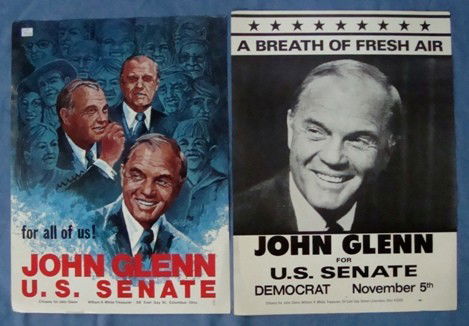 John Glenn Campaign Poster: Lot of (2) John Glenn Campaign Posters; includes 'John Glenn for US Senate' black and white poster measuring approx 17x23 and is in very good cond; 'A Breath of Fresh Air' slogan on top, 'Democrat Nov