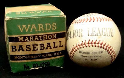 Vintage Ward's Marathon MLB w Box: Vintage Ward's Marathon Major League Baseball with Original Box; No 60-4269, Montgomery Ward, USA; box missing one bottom flap, otherwise in good condition; ball is in VG-EX condition; Marathon Sporti