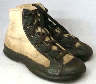 Vintage Boys Canvas Baseball Shoes: Vintage Little Boy's Canvas and Rubber Baseball Sneakers; made by Hood; soles have spaces for insertion of rubber spikes; EX+ condition; Hood leather emblem on the inner side of each shoe, cracked, bu