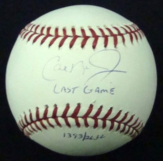 Cal Ripken Jr. Last Game Signed Ball: Cal Ripken Jr. Autographed 'Last Game' Baseball; Official MLB Bud Selig Ball signed by Ripken on the sweet spot in blue pen with 'Last Game 1393/2632' inscription; comes with a COA from JSA.