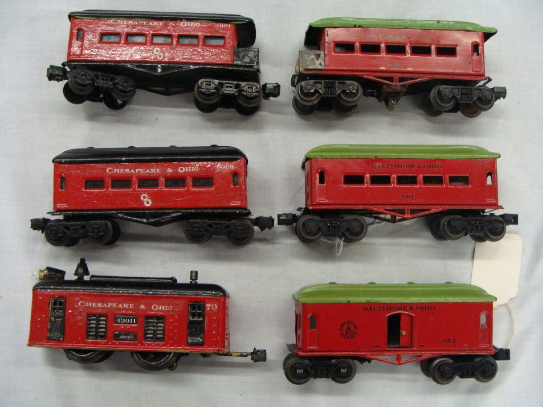 Ca. 1912 Ives Toys Train Set Trolley Box Passenger: Engine Marked Ives Toys Pat 1912, Cars are marked Chesapeake & Ohio/ Baltimore & Ohio, wheels on box and passenger cars have been replaced with Lionel wheels and other refurbishing may have occurred,
