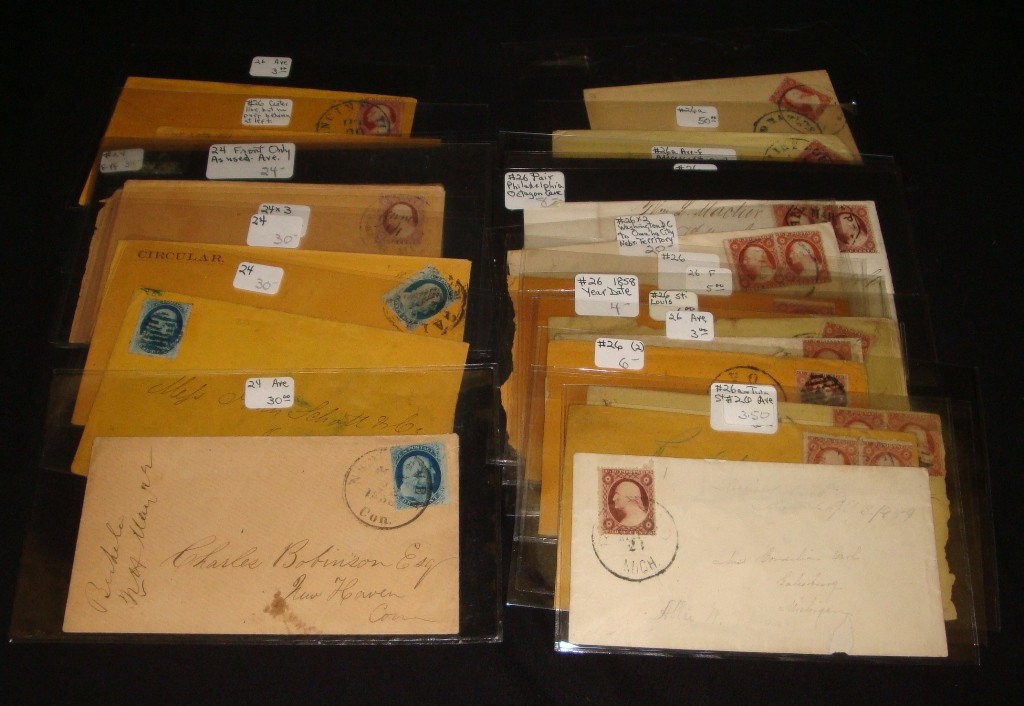 U.S.Scott 24's & 26's Cover Lot: Useful lot of (25)various covers franked with Scott 24's or 26's. A few have pairs, one #24 is in a strip of 3. Wide range of cancellations and destinations. Worth review. Est.$75-125