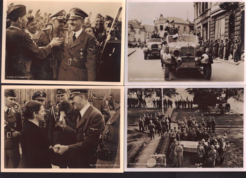 Poland - General Government Hitler/War Photo cards: Intriguing group of (4)Hitler and (2)WWII War-Picture photo postcards. All taken by Prof. Hoffmann-Munich, the official Hitler photographer (where Eva Braun was employed). All bear overprinted stamps 