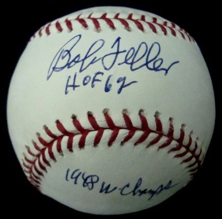 Bob Feller Autographed Stat Baseball: Bob Feller Autographed Baseball; MLB Bud Selig baseball signed on the sweet spot by Feller in blue ballpoint pen; includes 'HOF 62 and 1948 W Champs' inscription; comes with a COA from JSA.