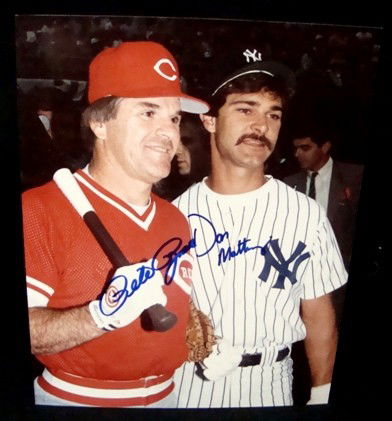 Pete Rose/Don Mattingly Signed 8x10 Photo: Pete Rose and Don Mattingly Autographed Full Color 8x10 Photo; signed by both players over their photos in blue sharpie marker; comes with a COA from JSA.