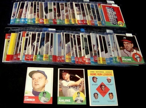 1963 Topps Baseball Card Lot: 1963 Topps Baseball Card Lot; group of (66) 1963 Topps Baseball with Al Kaline, NL Home Run Ldrs, Athletics Team, Don Zimmer, 3rd Series CL, Jim Fregosi, Dallas Green, Dick Groat, Curt Simmons, WS Gam