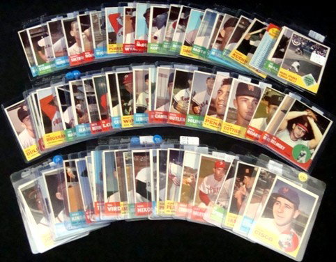 1963 Topps Baseball Card Lot: 1963 Topps Baseball Card Lot; nice group of (66) 1963 Topps Baseball with WS Game 3 (Maris), Willie Davis, Richie Ashburn, 1st Series CL, Harvey Kuenn, Harvey Haddix, Manny Mota, Frank Torre, Ed Sadow