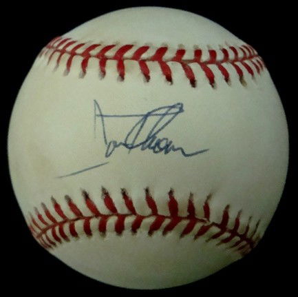 Jim Thome Autographed Baseball, Display: Jim Thome Autographed Baseball in Display; Official 1997 World Series Bud Selig baseball signed by Thome on the sweet spot in blue ink; comes with a 1991 Upper Deck #5 card with 'Jim Thome 1997 World